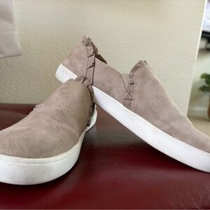kate spade taupe suede slip-on sneakers with white sole